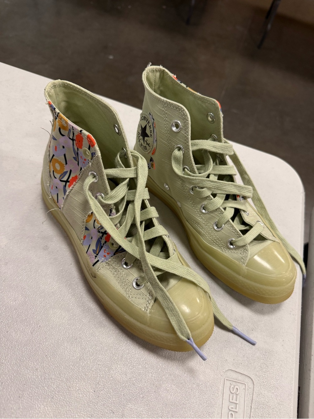 Converse High-Top Sneakers in Light Olive Green with Floral Side Panel